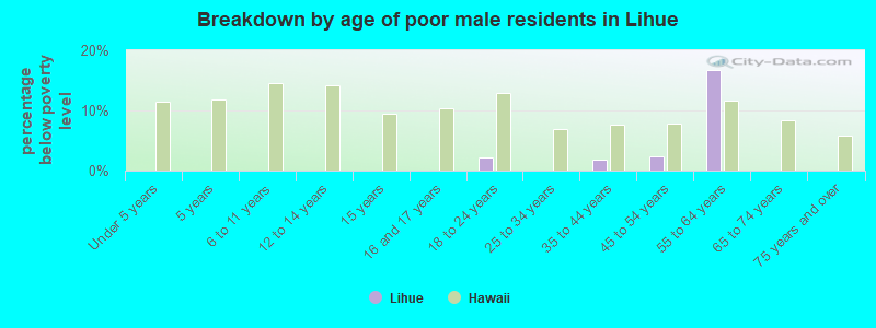 Breakdown by age of poor male residents in Lihue