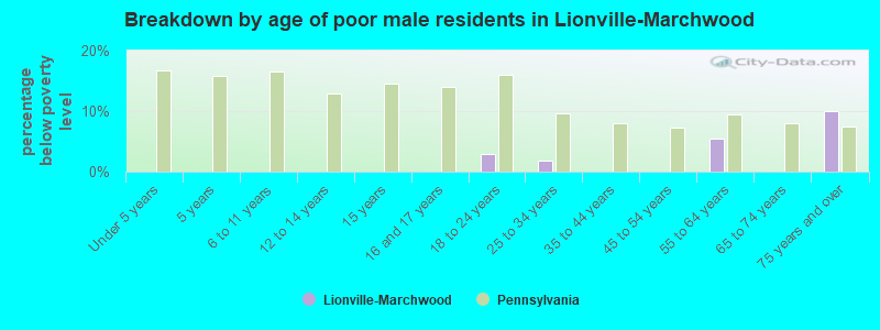 Breakdown by age of poor male residents in Lionville-Marchwood