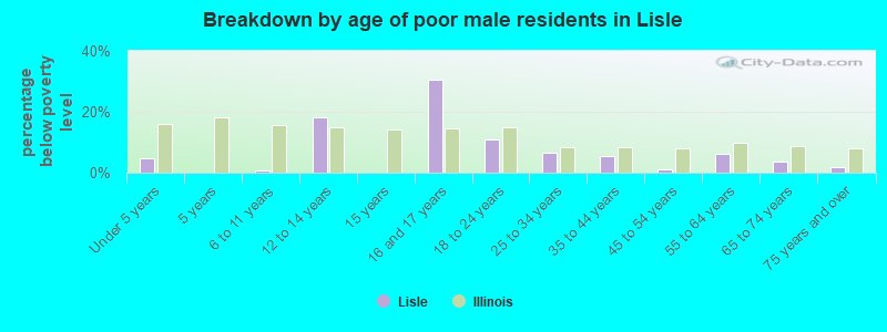 Breakdown by age of poor male residents in Lisle
