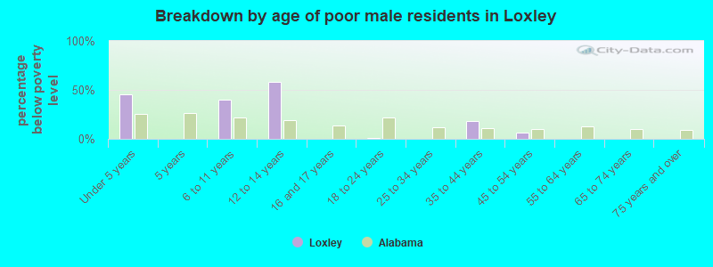 Breakdown by age of poor male residents in Loxley