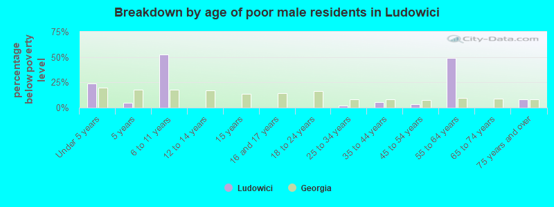Breakdown by age of poor male residents in Ludowici
