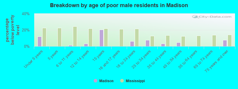 Breakdown by age of poor male residents in Madison