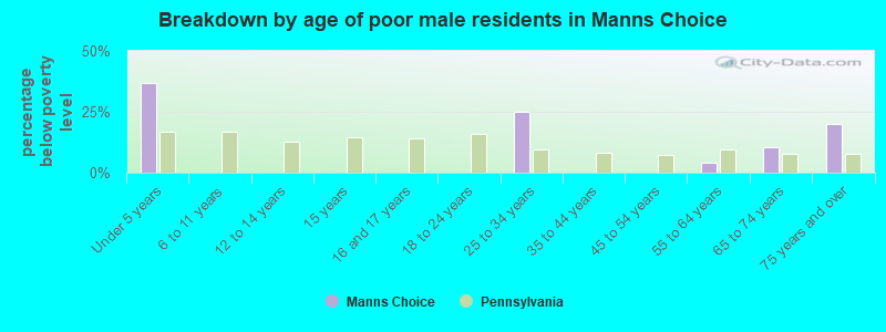 Breakdown by age of poor male residents in Manns Choice