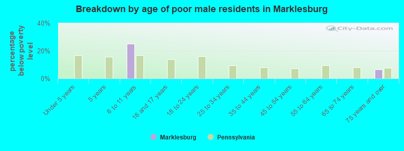 Breakdown by age of poor male residents in Marklesburg