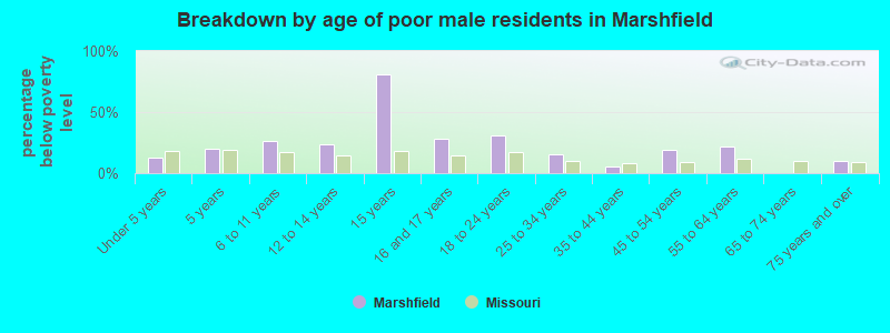 Breakdown by age of poor male residents in Marshfield