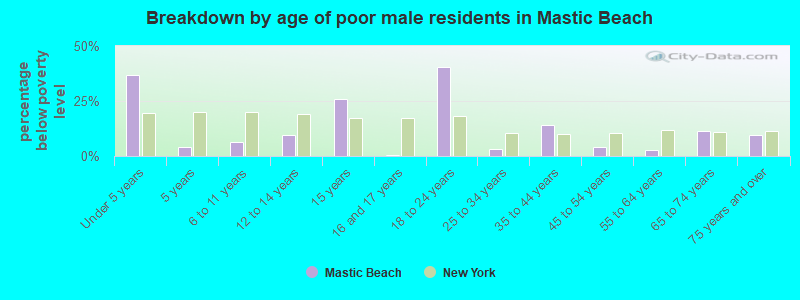 Breakdown by age of poor male residents in Mastic Beach