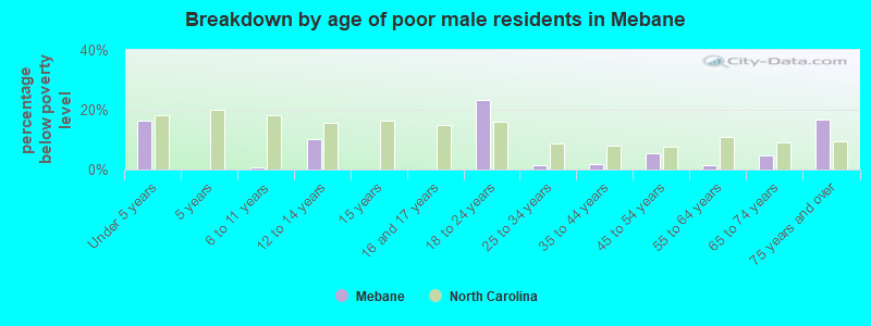 Breakdown by age of poor male residents in Mebane