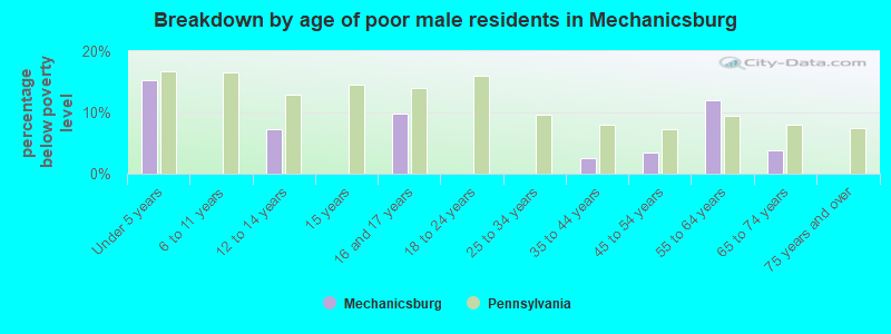 Breakdown by age of poor male residents in Mechanicsburg