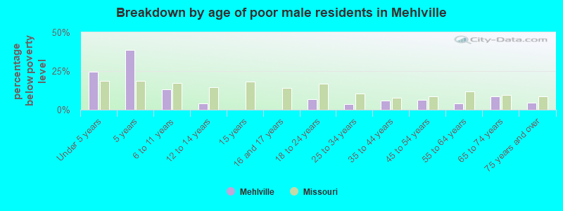 Breakdown by age of poor male residents in Mehlville