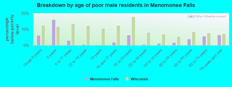 Breakdown by age of poor male residents in Menomonee Falls