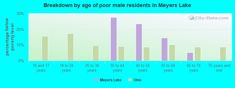 Breakdown by age of poor male residents in Meyers Lake