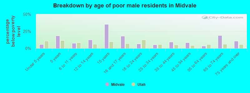 Breakdown by age of poor male residents in Midvale