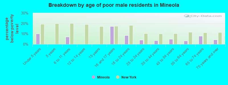 Breakdown by age of poor male residents in Mineola