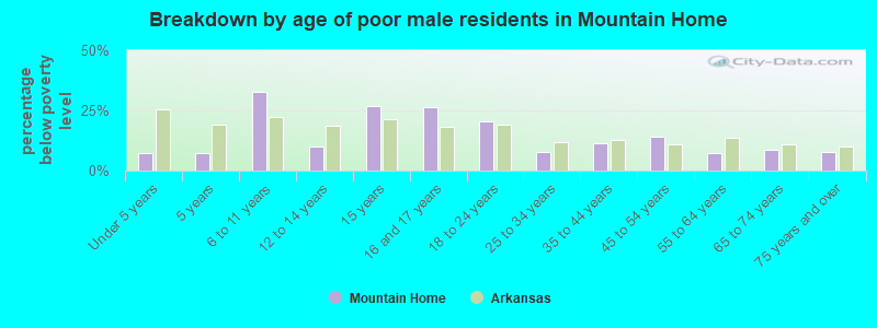 Breakdown by age of poor male residents in Mountain Home