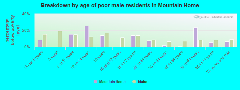 Breakdown by age of poor male residents in Mountain Home