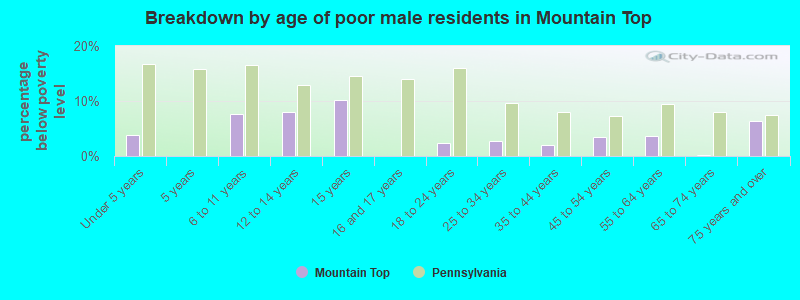 Breakdown by age of poor male residents in Mountain Top