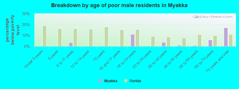 Breakdown by age of poor male residents in Myakka