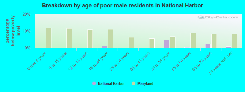 Breakdown by age of poor male residents in National Harbor