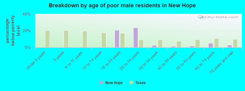 Breakdown by age of poor male residents in New Hope