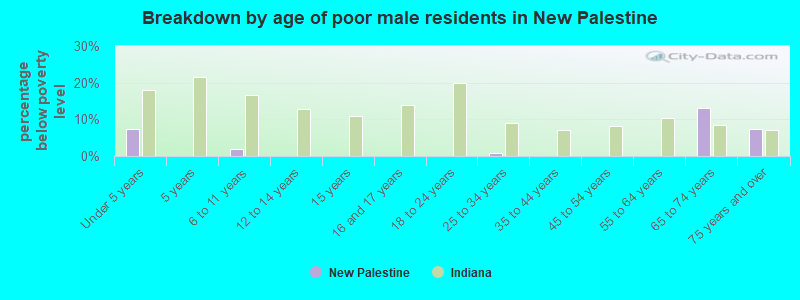 Breakdown by age of poor male residents in New Palestine