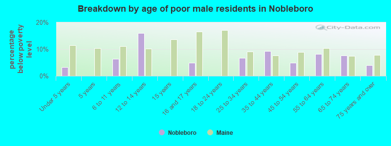 Breakdown by age of poor male residents in Nobleboro
