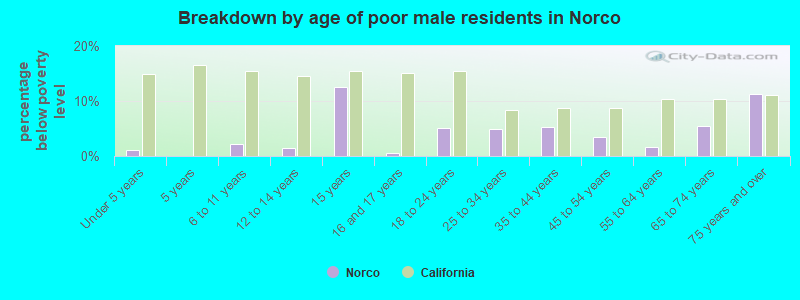 Breakdown by age of poor male residents in Norco
