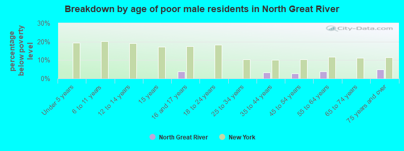 Breakdown by age of poor male residents in North Great River