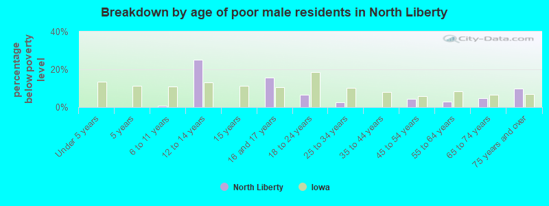 Breakdown by age of poor male residents in North Liberty
