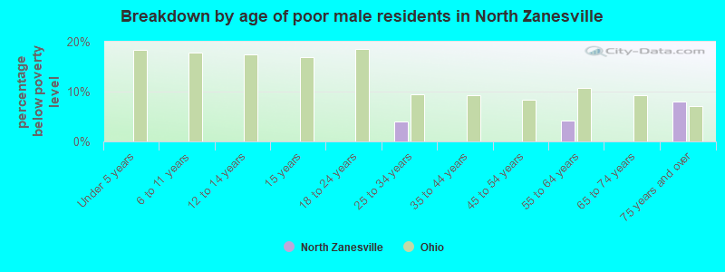 Breakdown by age of poor male residents in North Zanesville