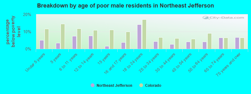 Breakdown by age of poor male residents in Northeast Jefferson