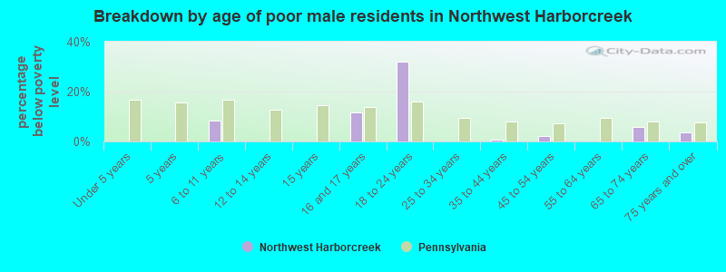 Breakdown by age of poor male residents in Northwest Harborcreek