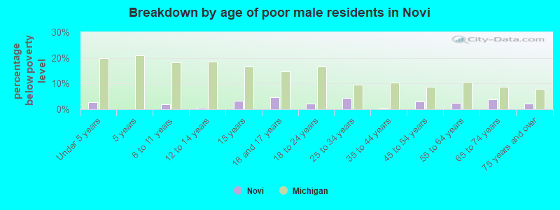 Breakdown by age of poor male residents in Novi