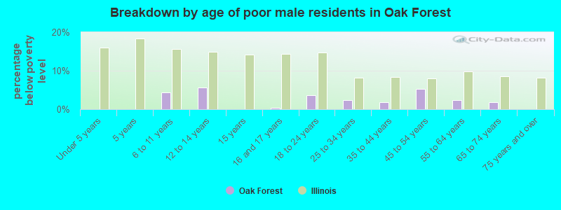 Breakdown by age of poor male residents in Oak Forest