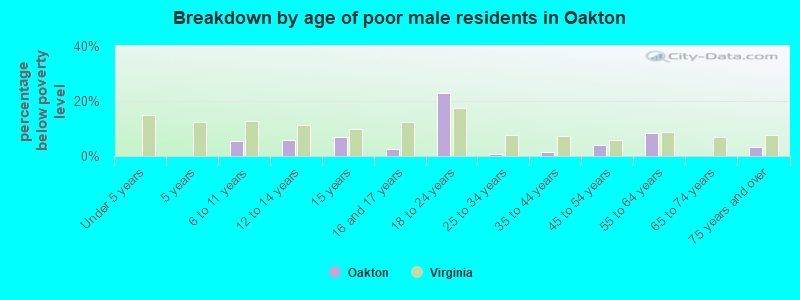 Breakdown by age of poor male residents in Oakton
