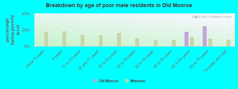 Breakdown by age of poor male residents in Old Monroe