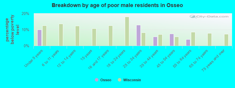 Breakdown by age of poor male residents in Osseo