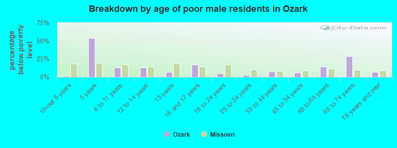 Breakdown by age of poor male residents in Ozark