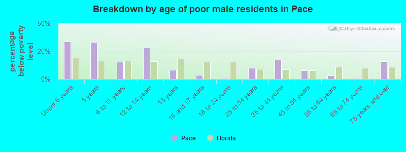 Breakdown by age of poor male residents in Pace