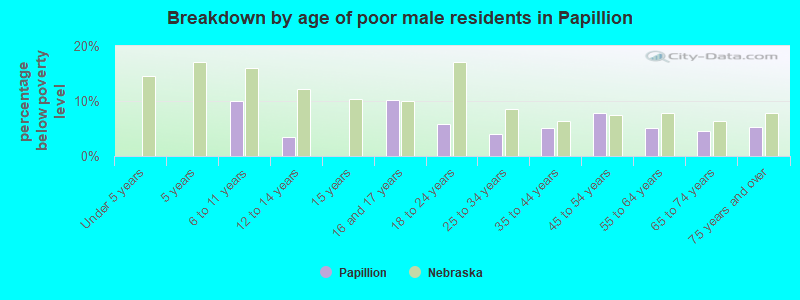 Breakdown by age of poor male residents in Papillion
