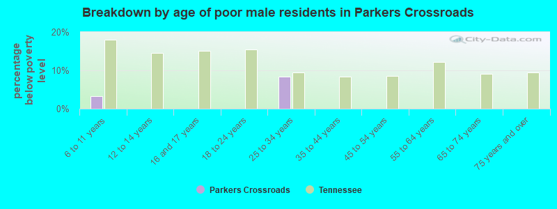 Breakdown by age of poor male residents in Parkers Crossroads