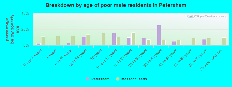 Breakdown by age of poor male residents in Petersham