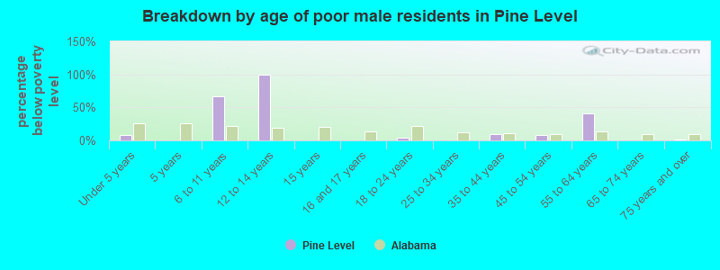 Breakdown by age of poor male residents in Pine Level