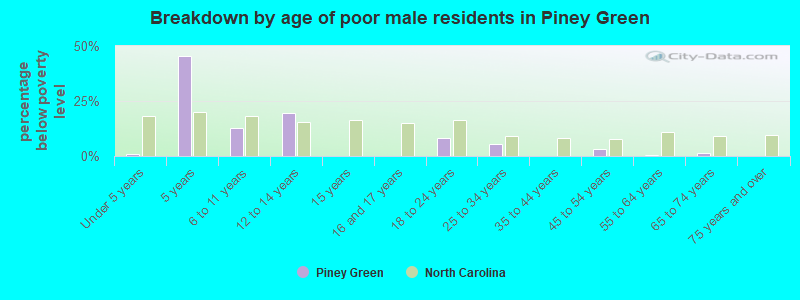 Breakdown by age of poor male residents in Piney Green