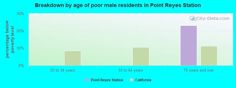 Breakdown by age of poor male residents in Point Reyes Station