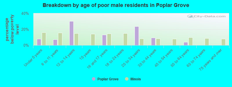 Breakdown by age of poor male residents in Poplar Grove