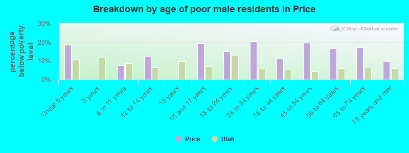 Breakdown by age of poor male residents in Price