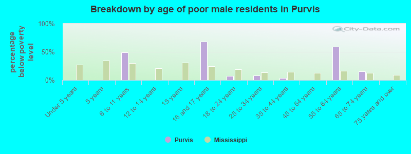 Breakdown by age of poor male residents in Purvis