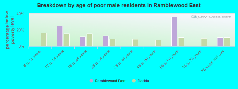 Breakdown by age of poor male residents in Ramblewood East