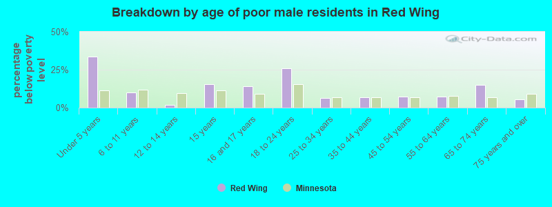 Breakdown by age of poor male residents in Red Wing