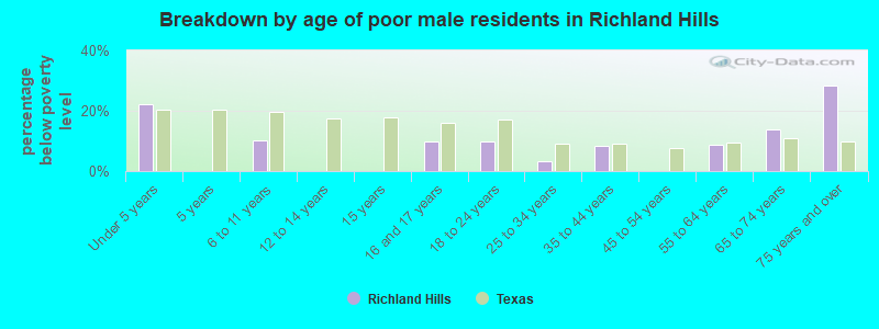 Breakdown by age of poor male residents in Richland Hills